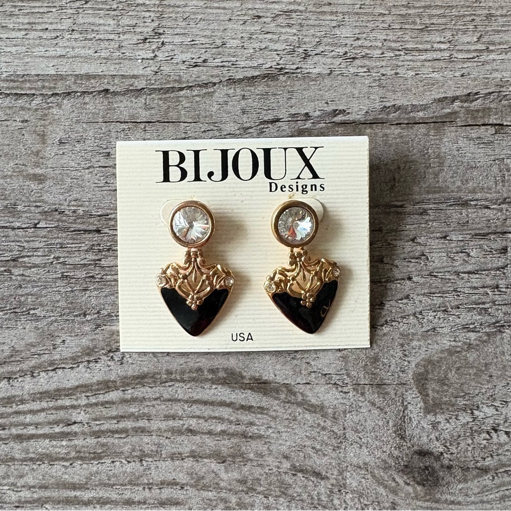 Vintage Bijoux Designs Gold Tone Black Enamel & Rhinestone Earrings –Made in USA